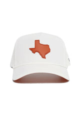 The No Rivals State of Texas Gameday Hat is a white snapback baseball cap in a comfy polyester-cotton blend, featuring a brown outline of Texas on the front and an adjustable fit.