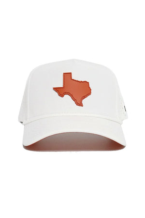 The No Rivals State of Texas Gameday Hat is a white snapback baseball cap in a comfy polyester-cotton blend, featuring a brown outline of Texas on the front and an adjustable fit.