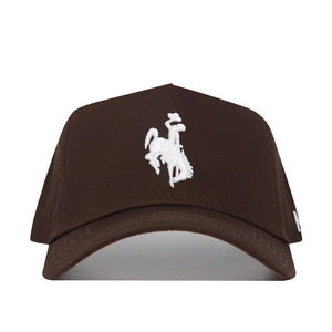 The Wyoming Americano Hat is a brown cotton baseball cap with a white embroidered cowboy riding a bucking horse logo on the front.