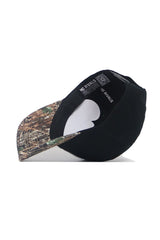 The EWU Camo Hat - Trailblazer Edition by No Rivals features a black snapback with a camo brim, shown upside down to highlight the structured fit, white paper inserts, and visible No Rivals brand tags inside.