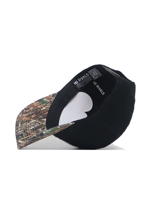 The EWU Camo Hat - Trailblazer Edition by No Rivals features a black snapback with a camo brim, shown upside down to highlight the structured fit, white paper inserts, and visible No Rivals brand tags inside.