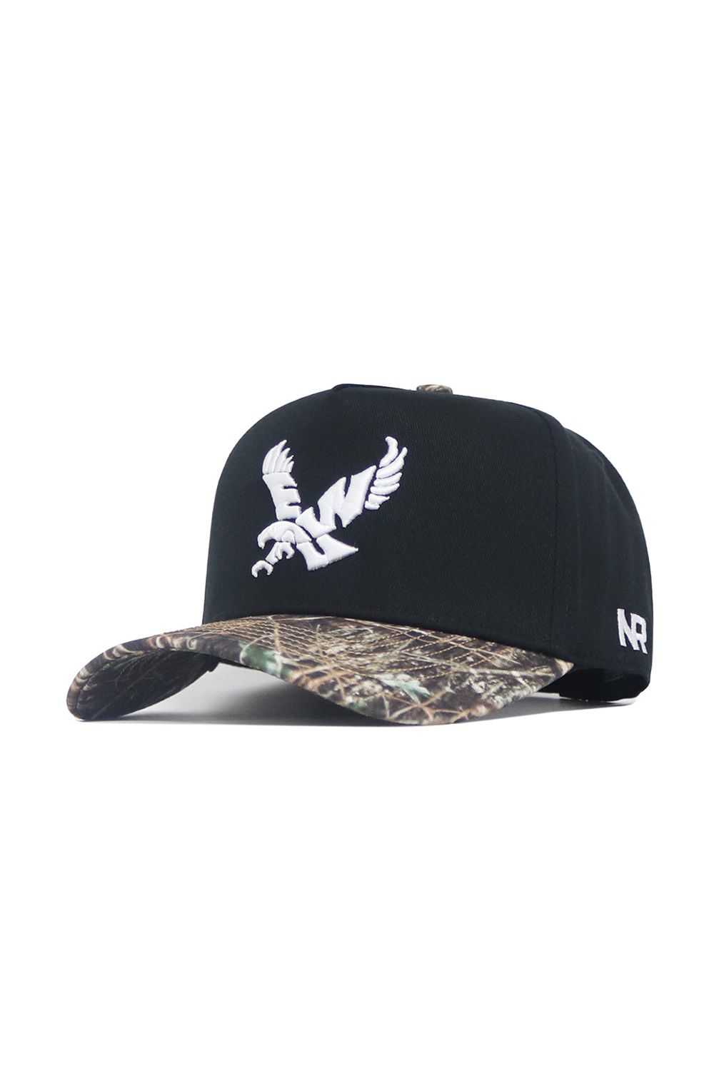 The No Rivals EWU Camo Hat - Trailblazer Edition is a structured fit snapback featuring a black crown, camo-patterned brim, white embroidered bird logo on the front, and NR initials on the side.