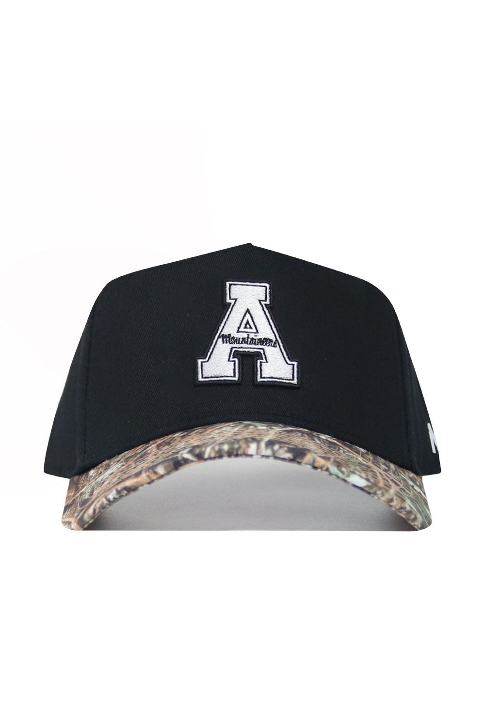 The No Rivals App State Camo Hat - Trailblazer Edition features a black cotton design, large white "A" with "Mountaineers" on the front, a snapback closure, and a camouflage brim for style and comfort.