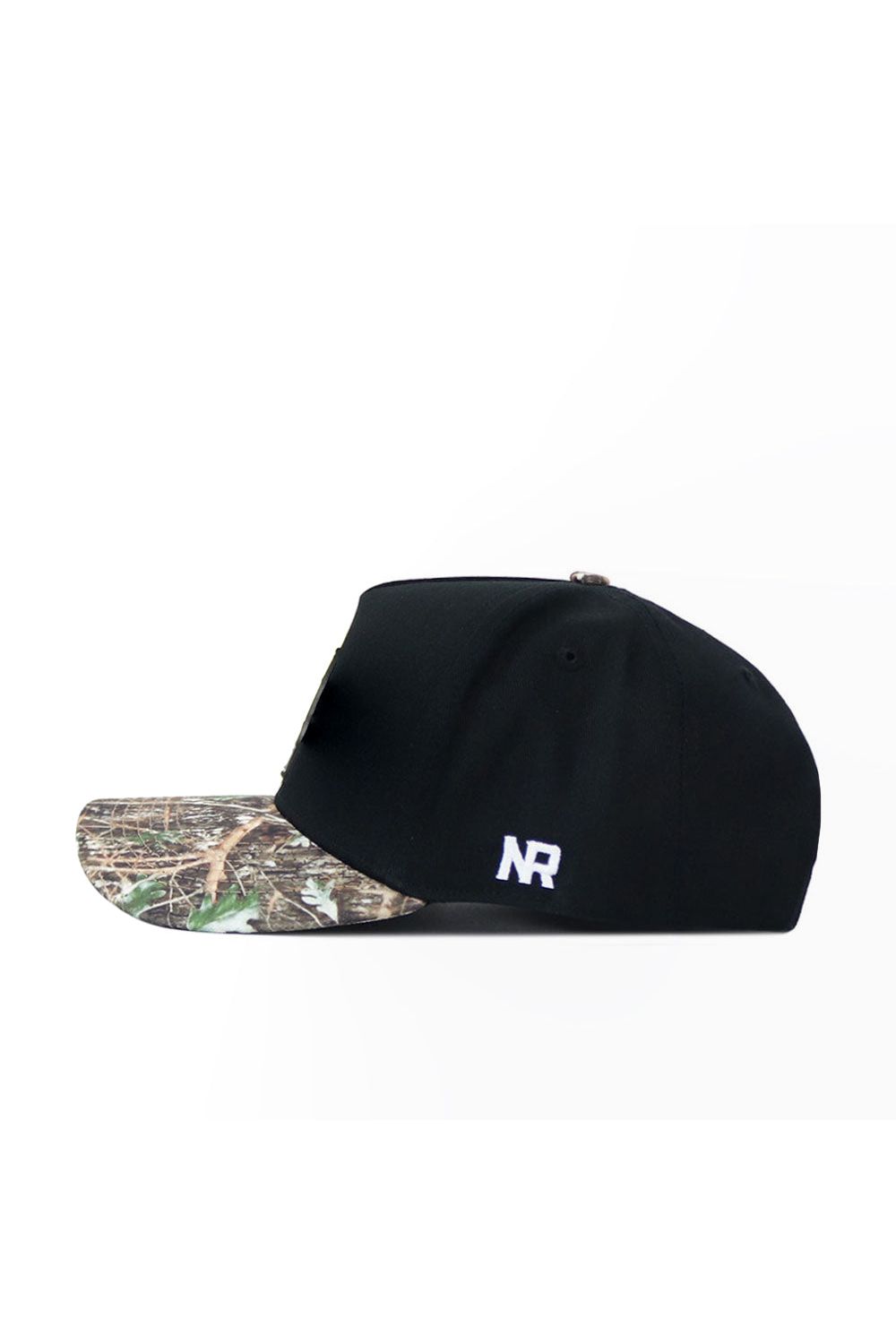The No Rivals App State Camo Hat - Trailblazer Edition (B2B) features a black snapback design, a camouflage brim, white NR initials embroidered on the side, and is crafted from high-quality cotton. Side profile shown on white background.