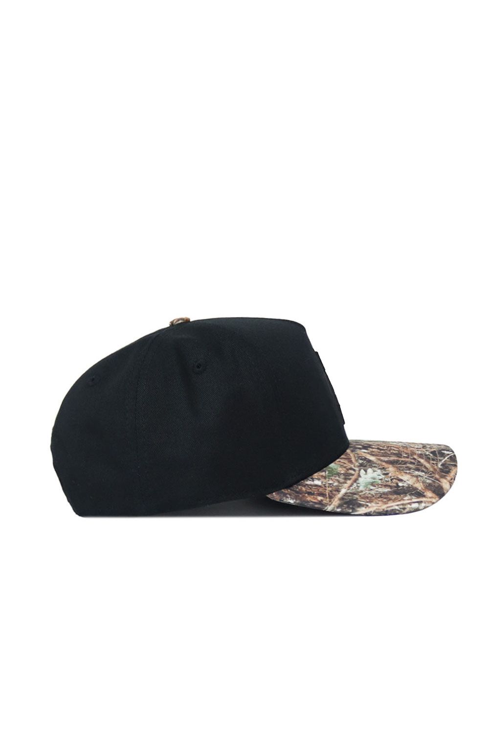 The No Rivals App State Camo Hat - Trailblazer Edition (B2B) is a black, flat-brim cotton cap with a brown and green camo pattern and snapback closure, shown from the side on a white background.