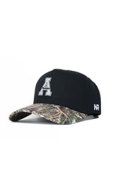 The No Rivals App State Camo Hat - Trailblazer Edition (B2B) is a black snapback baseball cap with a large white "A" on the front, a camo-patterned brim, and "NR" embroidered in white on the left side. Made from high-quality cotton.