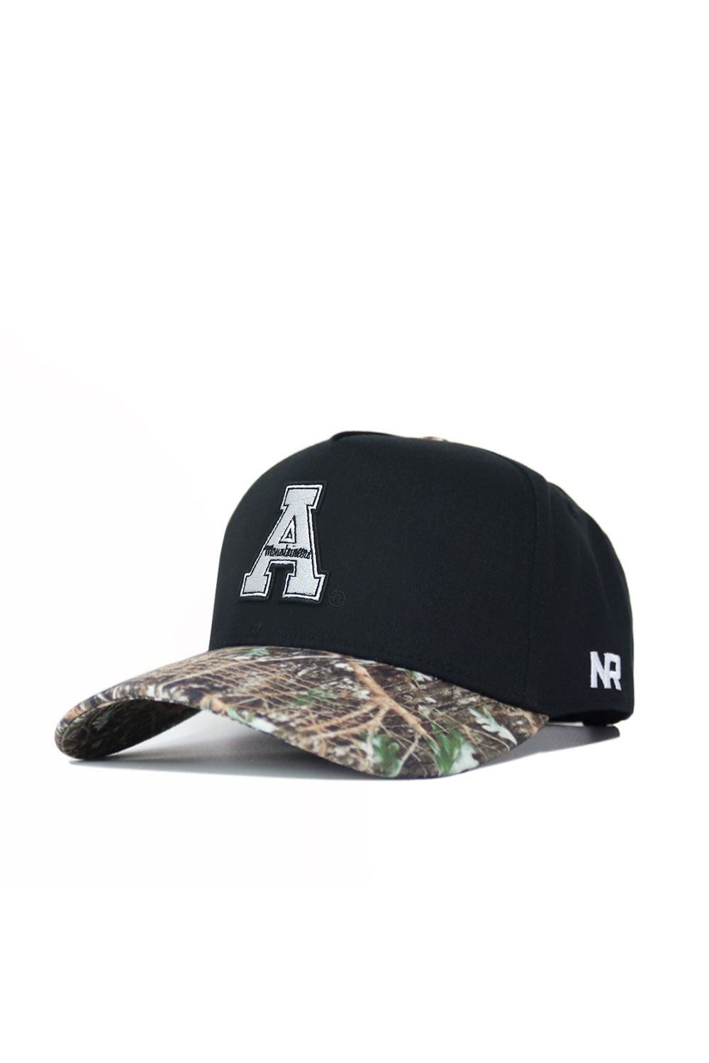 The No Rivals App State Camo Hat - Trailblazer Edition (B2B) is a black snapback baseball cap with a large white "A" on the front, a camo-patterned brim, and "NR" embroidered in white on the left side. Made from high-quality cotton.