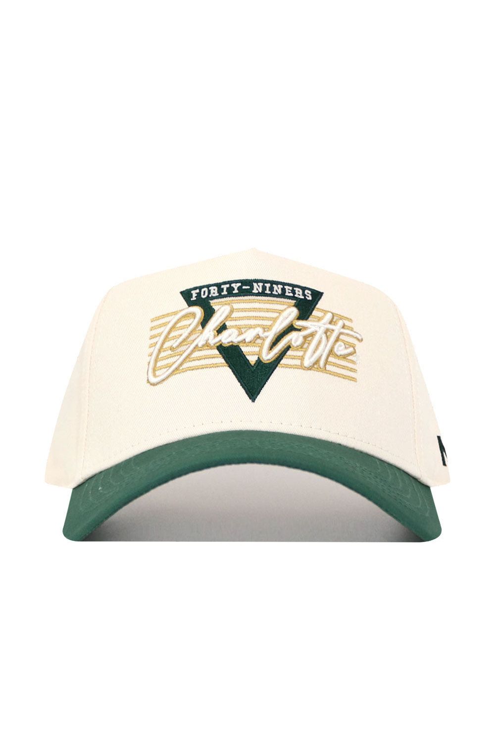 The No Rivals UNC Charlotte Triangle Game Cap Hat is a cream snapback with a green brim, featuring "Forty-Niners" and "Charlotte" embroidered in green and gold. This licensed cap has a structured fit for lasting comfort and style.