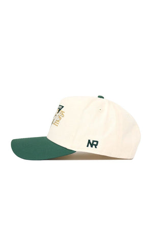 The No Rivals UNC Charlotte Triangle Game Cap Hat is cream with a dark green brim, a green top button, NR embroidered in black on the side, and gold and green front text. This officially licensed snapback is perfect for fans.
