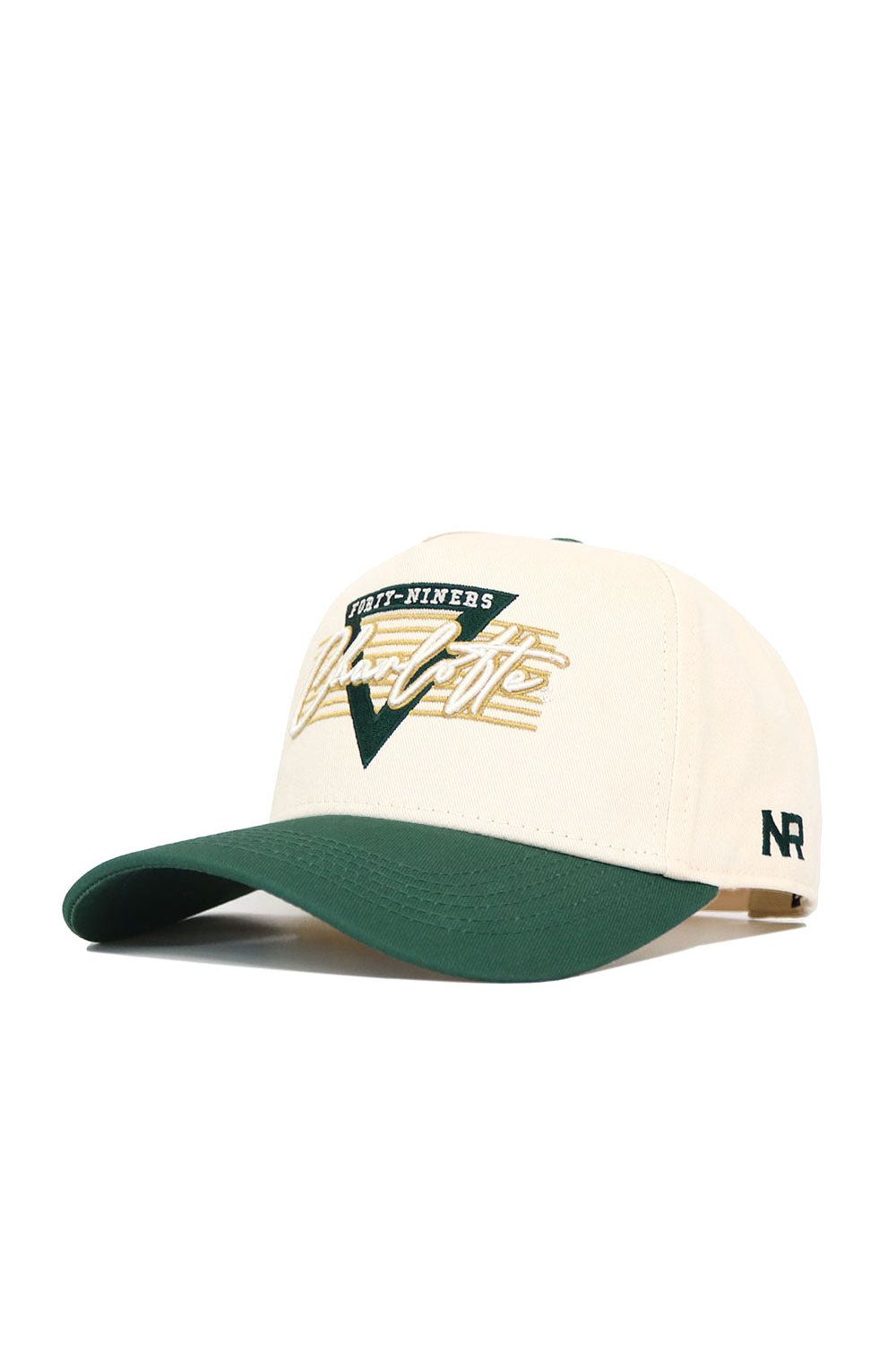 The UNC Charlotte Triangle Game Cap Hat by No Rivals is an officially licensed, cream snapback with a green brim, structured fit, green triangle and gold/white "Forty-Niners Charlotte" embroidery, plus dark green NR stitching on the side.