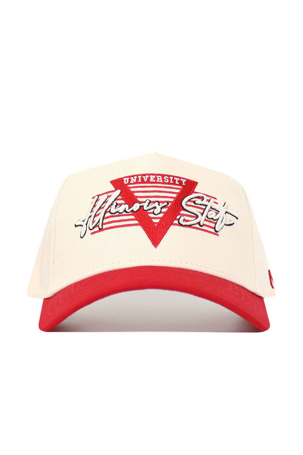 The No Rivals Illinois State University Triangle Game Cap Hat is cream cotton with a red brim, features a red triangle and "UNIVERSITY" in white, plus "Illinois State" embroidered in script. Snapback closure ensures a structured fit.