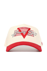 The No Rivals Illinois State University Triangle Game Cap Hat is cream cotton with a red brim, features a red triangle and "UNIVERSITY" in white, plus "Illinois State" embroidered in script. Snapback closure ensures a structured fit.