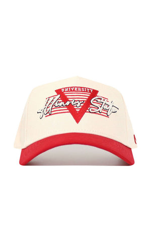 The No Rivals Illinois State University Triangle Game Cap Hat is cream cotton with a red brim, features a red triangle and "UNIVERSITY" in white, plus "Illinois State" embroidered in script. Snapback closure ensures a structured fit.