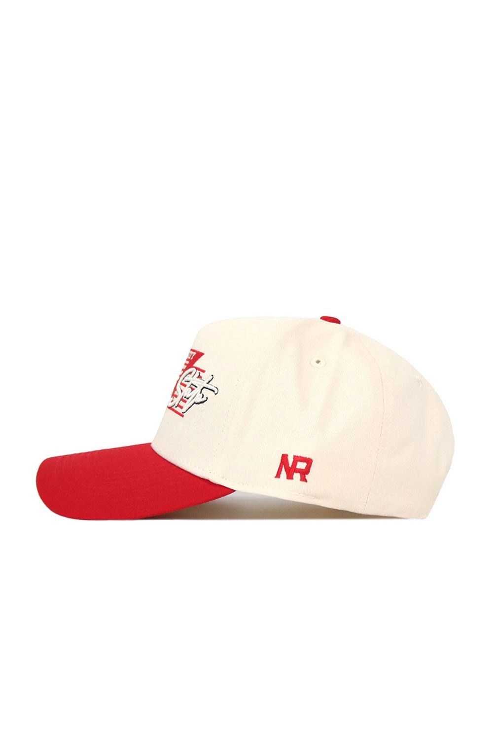 The Illinois State University Triangle Game Cap Hat by No Rivals is a white structured fit cap with a red curved brim, premium cotton, red embroidered front letters, NR initials on the side, and a snapback closure.