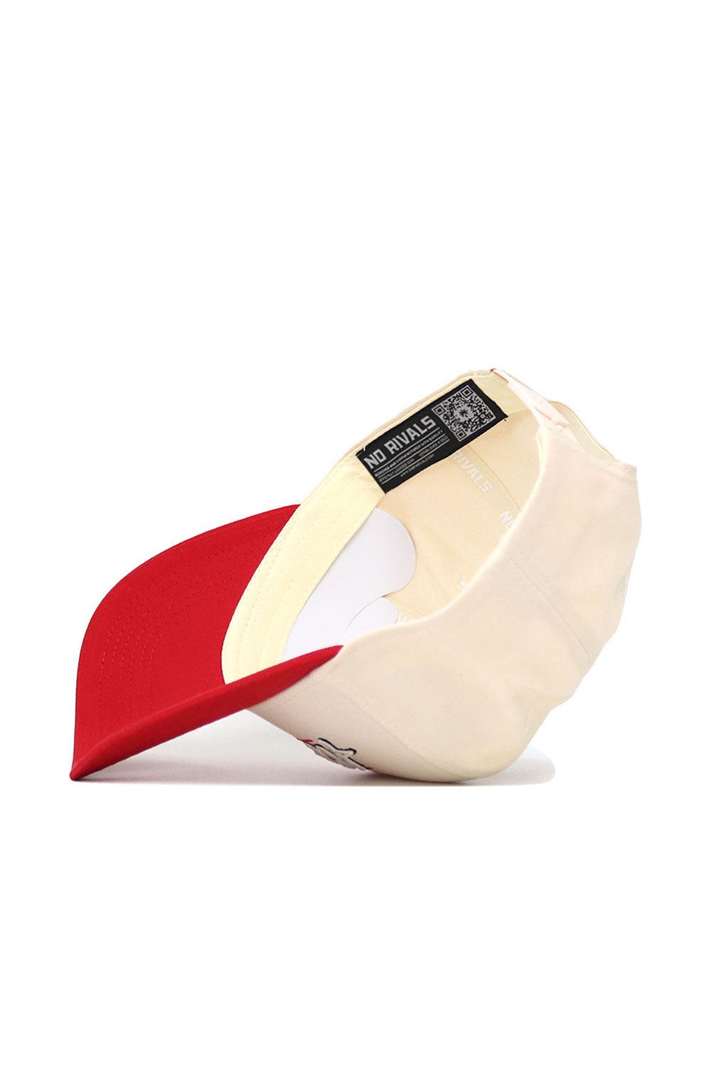 The No Rivals Illinois State University Triangle Game Cap Hat is shown upside down, showcasing its structured fit, inside label, and stitching. This cream cap with a red brim is made of high-quality cotton and set against a white background.