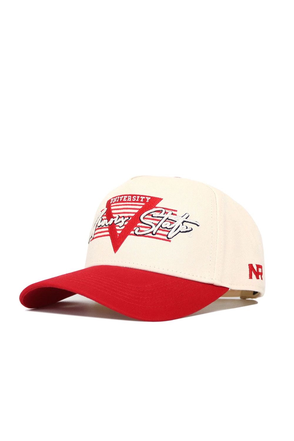 The No Rivals Illinois State University Triangle Game Cap Hat features a beige and red snapback design with a red brim, large red star and UNIVERSITY Rising Star text on the front, plus "NR" embroidered in red on the side.