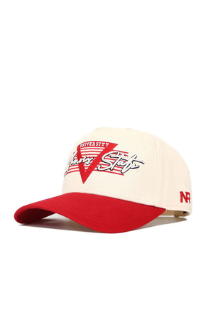 The No Rivals Illinois State University Triangle Game Cap Hat features a beige and red snapback design with a red brim, large red star and UNIVERSITY Rising Star text on the front, plus "NR" embroidered in red on the side.