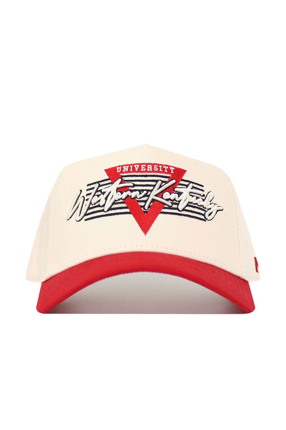 The No Rivals Western Kentucky Triangle Game Cap Hat is an officially licensed cream baseball cap with a red brim and "Western Kentucky University" embroidered in white and red on a triangular background.