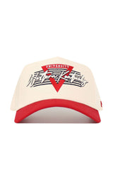 The No Rivals Western Kentucky Triangle Game Cap Hat is an officially licensed cream baseball cap with a red brim and "Western Kentucky University" embroidered in white and red on a triangular background.