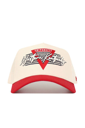 The No Rivals Western Kentucky Triangle Game Cap Hat is an officially licensed cream baseball cap with a red brim and "Western Kentucky University" embroidered in white and red on a triangular background.