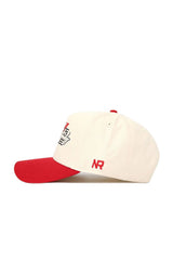 The No Rivals Western Kentucky Triangle Game Cap Hat features a cream color, red brim and top button, embroidered designs, NR initials on the side, and a structured snapback fit for lasting style.