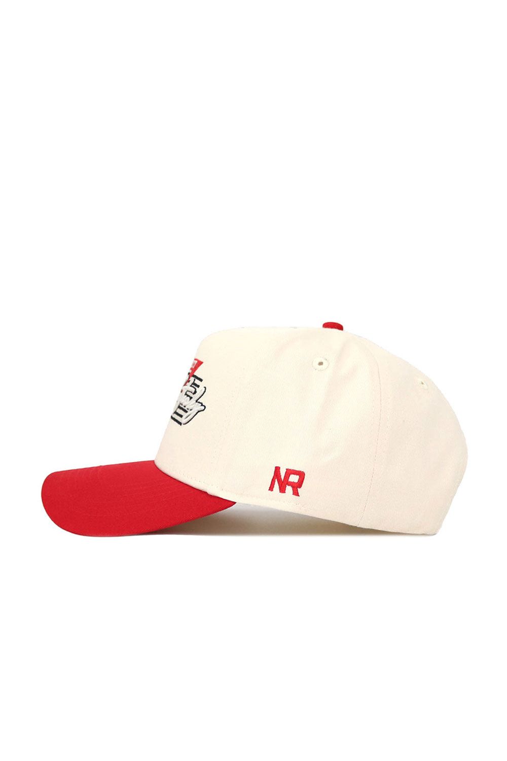 The No Rivals Western Kentucky Triangle Game Cap Hat features a cream color, red brim and top button, embroidered designs, NR initials on the side, and a structured snapback fit for lasting style.