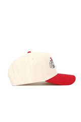 The No Rivals Western Kentucky Triangle Game Cap Hat features a structured fit, cream color, red brim and top button, and partial black and red graphic on the front panel. Shown from the side.
