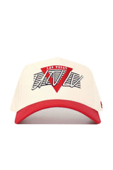The UNLV Triangle Game Cap Hat by No Rivals is a white snapback with a red brim, bold LAS VEGAS and UNLV lettering, a front red triangle design, and high-quality cotton for a comfortable, structured fit.