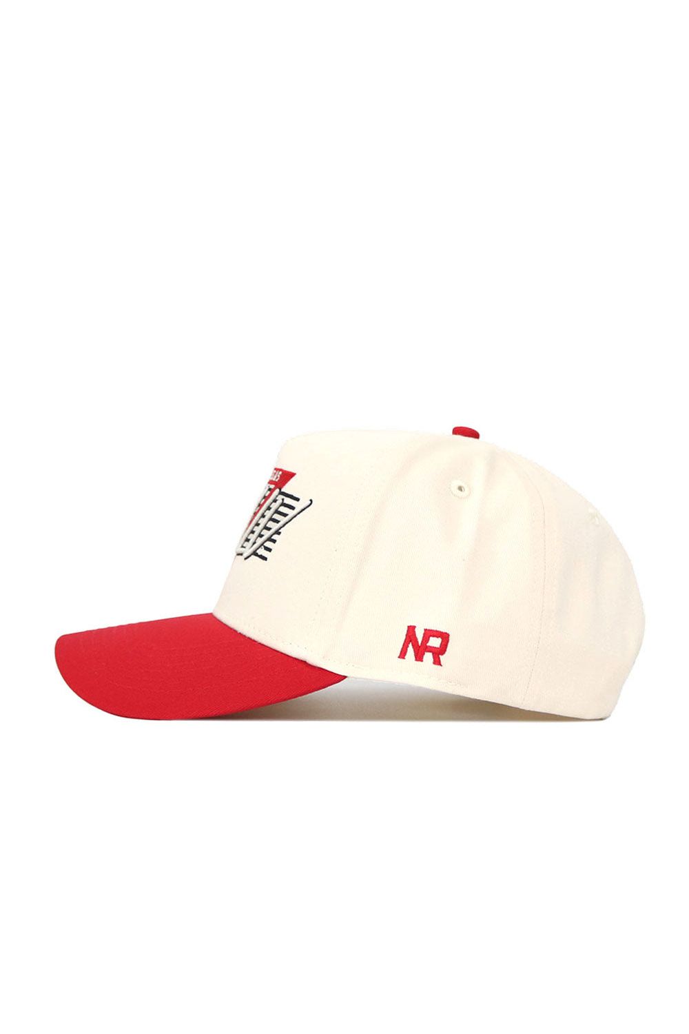 The No Rivals UNLV Triangle Game Cap Hat is cream-colored with a red bill and accents, featuring “NR” embroidered in red on the side, a black and red front graphic, and made from high-quality cotton for a structured fit.