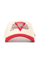 The No Rivals Louisville Triangle Game Cap Hat features a cream color with a red brim, University of Louisville and Louisville embroidered in red and white, a red triangle design, and offers an officially licensed structured fit.