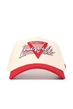The No Rivals Louisville Triangle Game Cap Hat features a cream color with a red brim, University of Louisville and Louisville embroidered in red and white, a red triangle design, and offers an officially licensed structured fit.