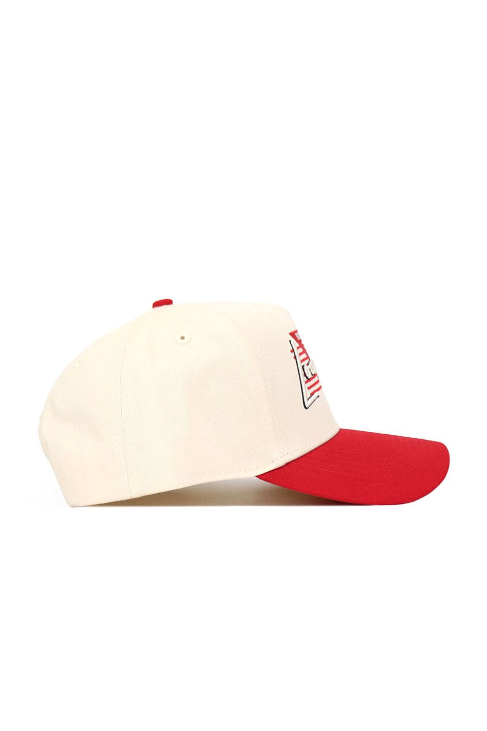 The No Rivals Louisville Triangle Game Cap Hat is cream-colored with a red brim and top button, shown in a side view. An official patch with text and graphics decorates the front panel, and it features a classic structured fit.