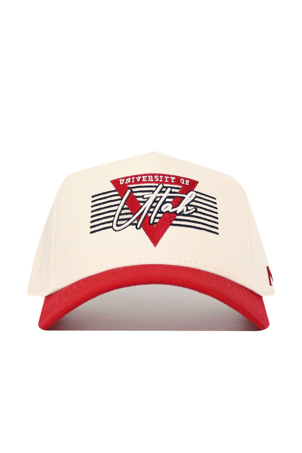 The No Rivals Utah Triangle Game Cap Hat is a cream baseball cap with a red brim, featuring "University of Utah" and a red triangle with black stripes on the front. This structured snapback offers comfort and official team style.