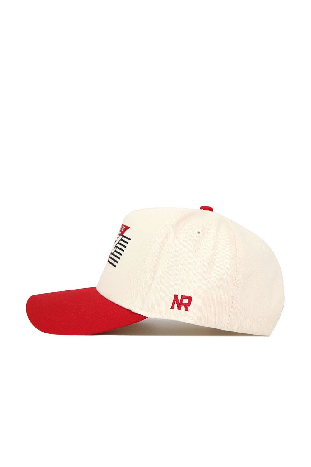 The Utah Triangle Game Cap Hat by No Rivals is a cream-colored, officially licensed cap with a red brim and button, NR embroidered in red on the side, black and red front graphics, and a structured fit for lasting shape.