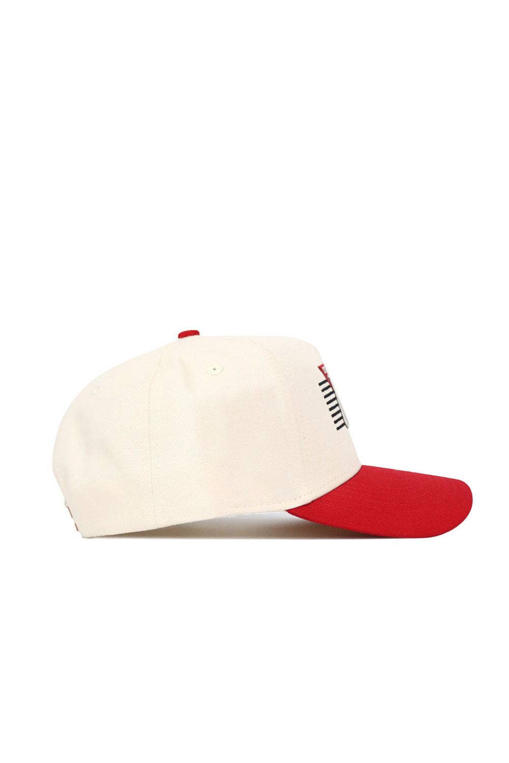 The No Rivals Utah Triangle Game Cap Hat is a white snapback with a red brim, shown in side profile on a white background, and features a structured fit for lasting comfort.