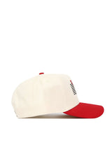The No Rivals Utah Triangle Game Cap Hat is a white snapback with a red brim, shown in side profile on a white background, and features a structured fit for lasting comfort.