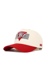 The Utah Triangle Game Cap Hat by No Rivals is a beige and red snapback featuring the University of Utah text and logo on the front, with "NR" stitched on the visor. This officially licensed cap offers a classic, structured fit for comfort.