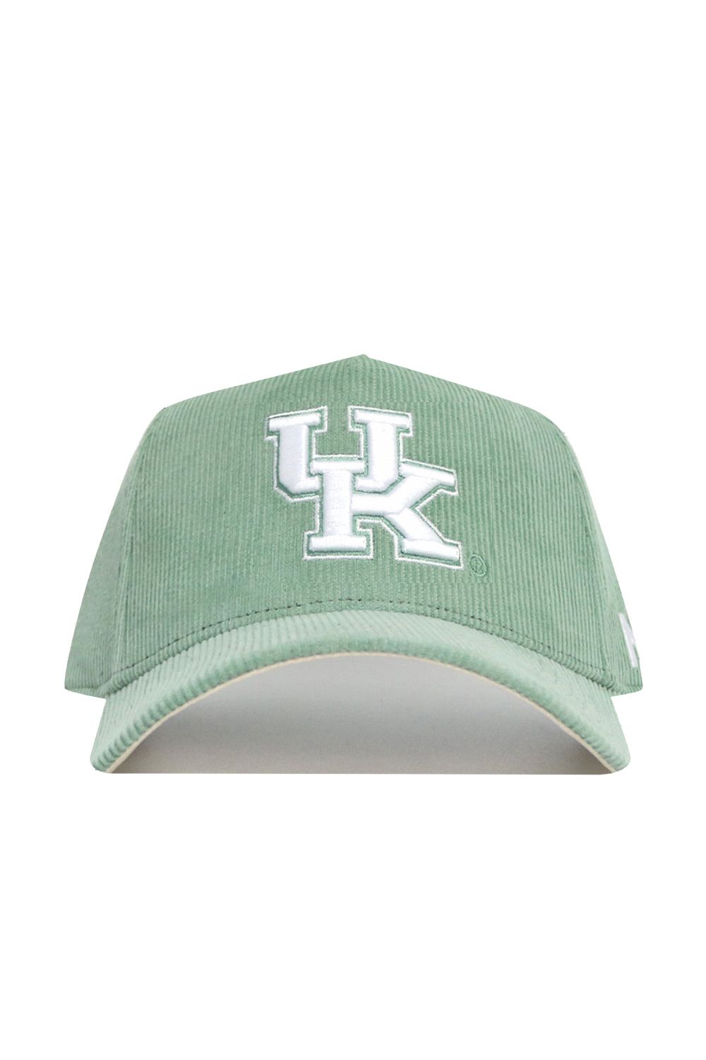 The No Rivals Kentucky Corduroy Hat—Structured in Spring Green—features a white and light blue UK logo embroidered on the front, is officially licensed, and styled as a snapback. Photographed against a white background.