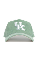 The No Rivals Kentucky Corduroy Hat—Structured in Spring Green—features a white and light blue UK logo embroidered on the front, is officially licensed, and styled as a snapback. Photographed against a white background.