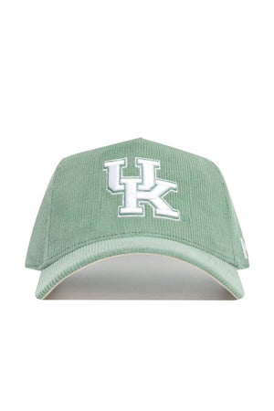 The No Rivals Kentucky Corduroy Hat—Structured in Spring Green—features a white and light blue UK logo embroidered on the front, is officially licensed, and styled as a snapback. Photographed against a white background.