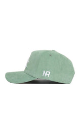 The No Rivals Kentucky Corduroy Hat - Structured - Spring Green (B2B) is shown in side view with white NR embroidery, a curved bill, visible stitching, and an adjustable snap back closure for comfort.