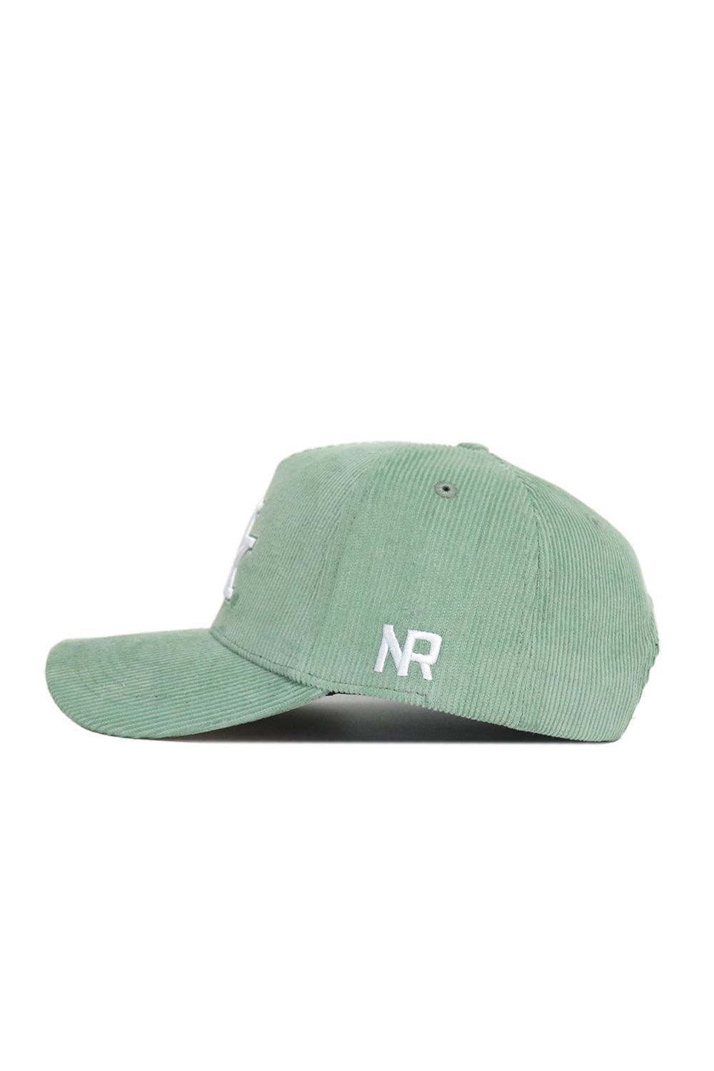The No Rivals Kentucky Corduroy Hat - Structured - Spring Green (B2B) is shown in side view with white NR embroidery, a curved bill, visible stitching, and an adjustable snap back closure for comfort.