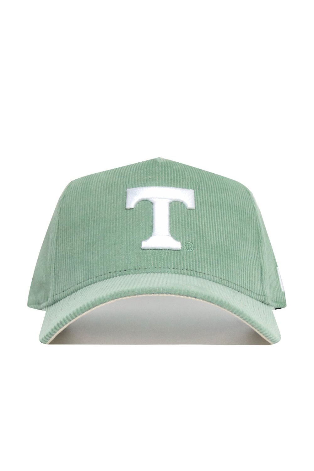 The No Rivals Tennessee Corduroy Hat - Structured in Spring Green (B2B) features a large white embroidered T on the front, a light green corduroy snapback design, and provides lasting comfort with its structured fit.