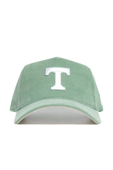 The No Rivals Tennessee Corduroy Hat - Structured in Spring Green (B2B) features a large white embroidered T on the front, a light green corduroy snapback design, and provides lasting comfort with its structured fit.