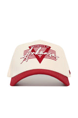 The Arkansas Triangle Game Cap Hat by No Rivals is a cream and red structured snapback featuring a bold red "A" logo, "University of Arkansas" and "Arkansas" text in red/white, a red brim, and official Razorbacks licensing for authentic style.