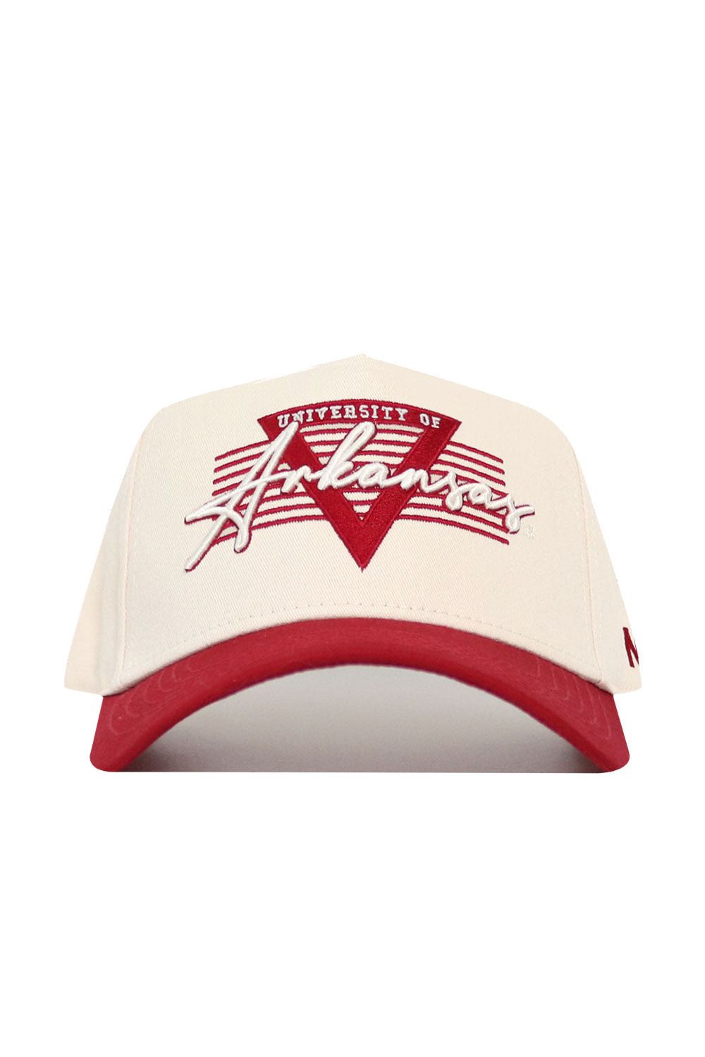 The Arkansas Triangle Game Cap Hat by No Rivals is a cream and red structured snapback featuring a bold red "A" logo, "University of Arkansas" and "Arkansas" text in red/white, a red brim, and official Razorbacks licensing for authentic style.