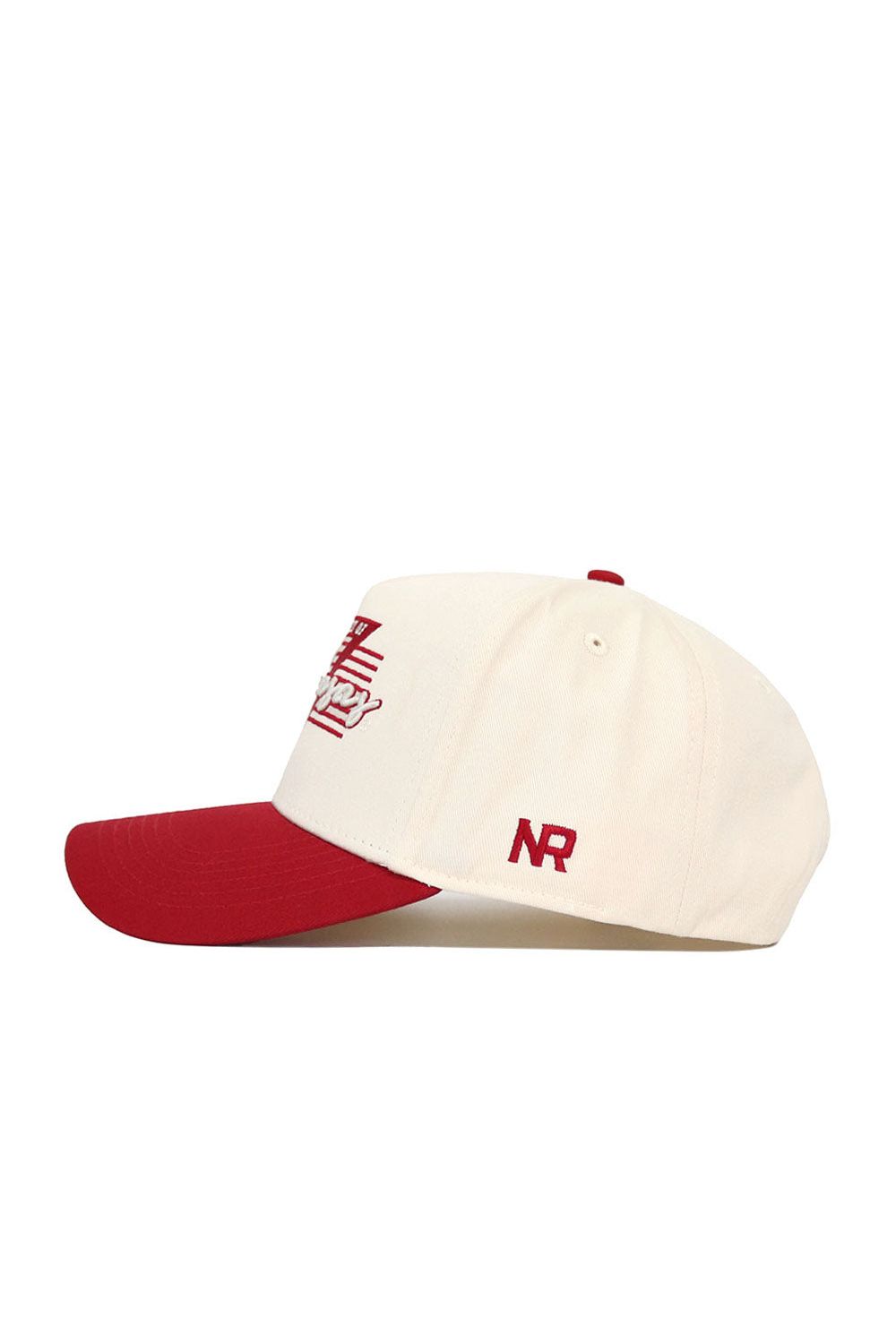 The No Rivals Arkansas Triangle Game Cap Hat is a cream snapback with a red brim, red embroidered NR initials on the side, red top button, and a front graphic design. Structured fit for style and comfort.