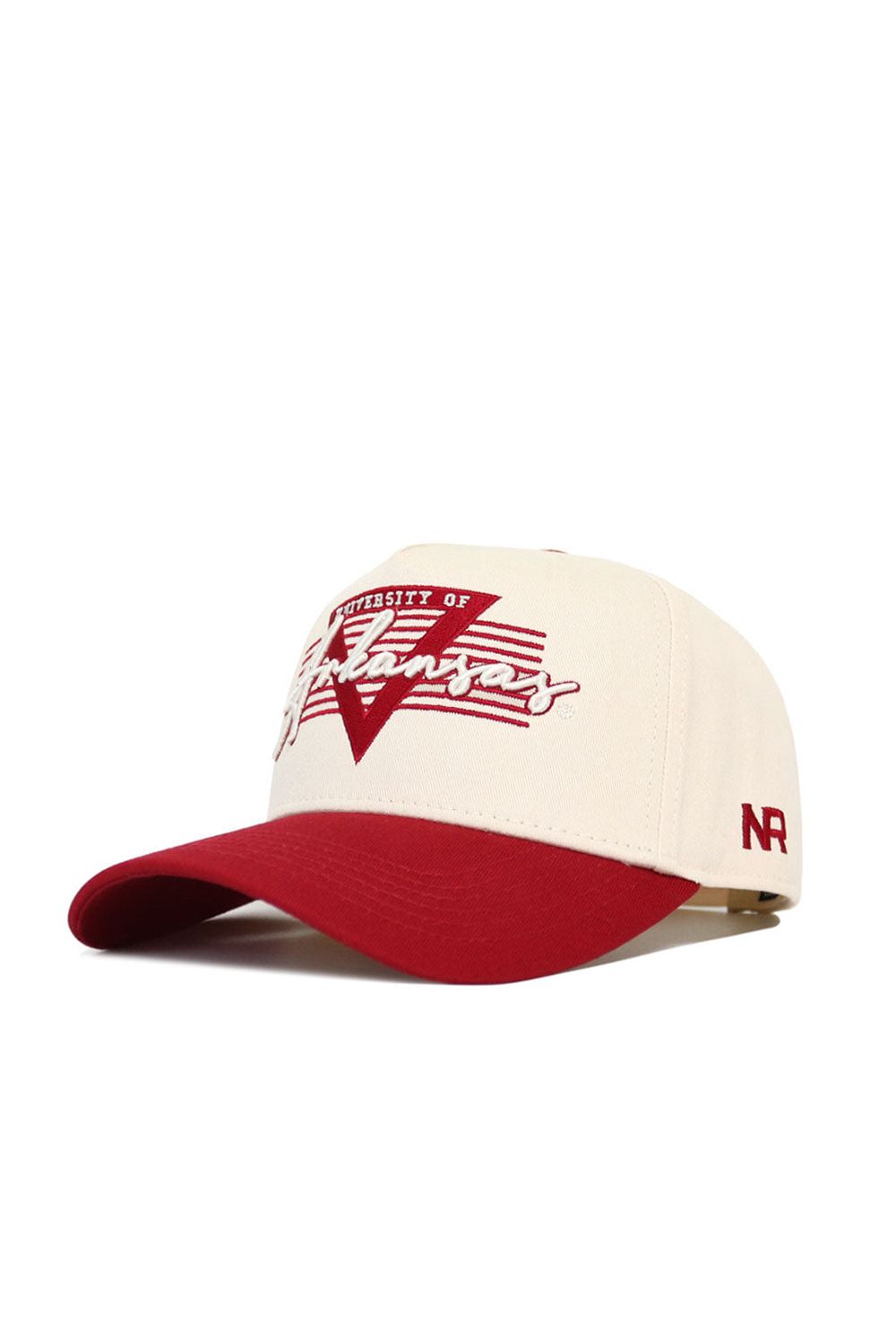 The No Rivals Arkansas Triangle Game Cap Hat features a cream and red snapback design with University of Arkansas and a large A embroidered on the front, red brim, structured fit, NR stitched on the side, and is officially licensed.