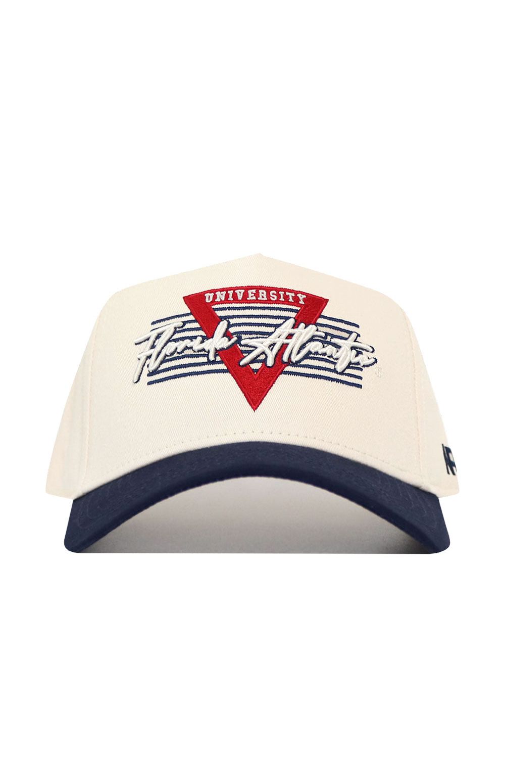 The No Rivals Florida Atlantic (FAU) Triangle Game Cap Hat is a white structured baseball cap with a navy brim, red triangle, "UNIVERSITY" in white, and navy/white "Frank Albert" script embroidered on the front.