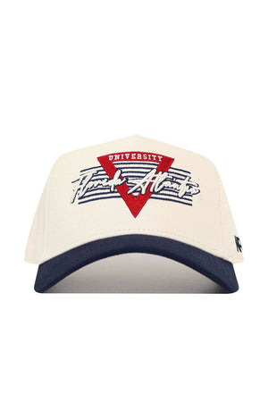 The No Rivals Florida Atlantic (FAU) Triangle Game Cap Hat is a white structured baseball cap with a navy brim, red triangle, "UNIVERSITY" in white, and navy/white "Frank Albert" script embroidered on the front.